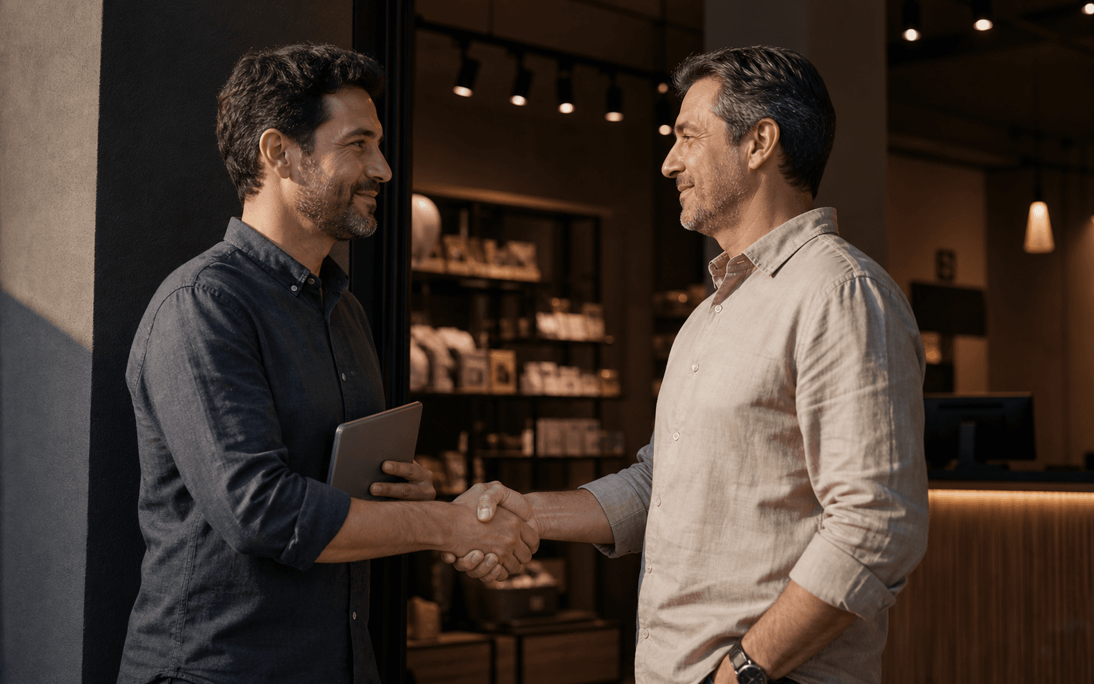 Consultor comercial cumprimentando um cliente durante uma visita