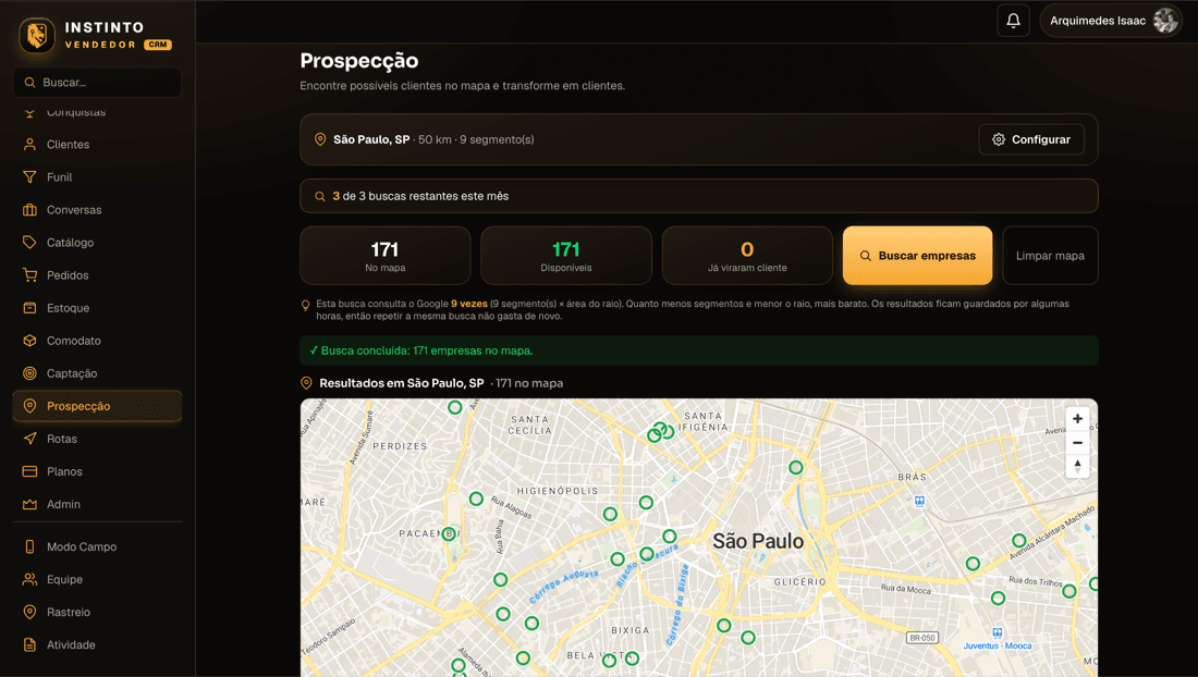 Mapa de prospecção territorial do Instinto CRM