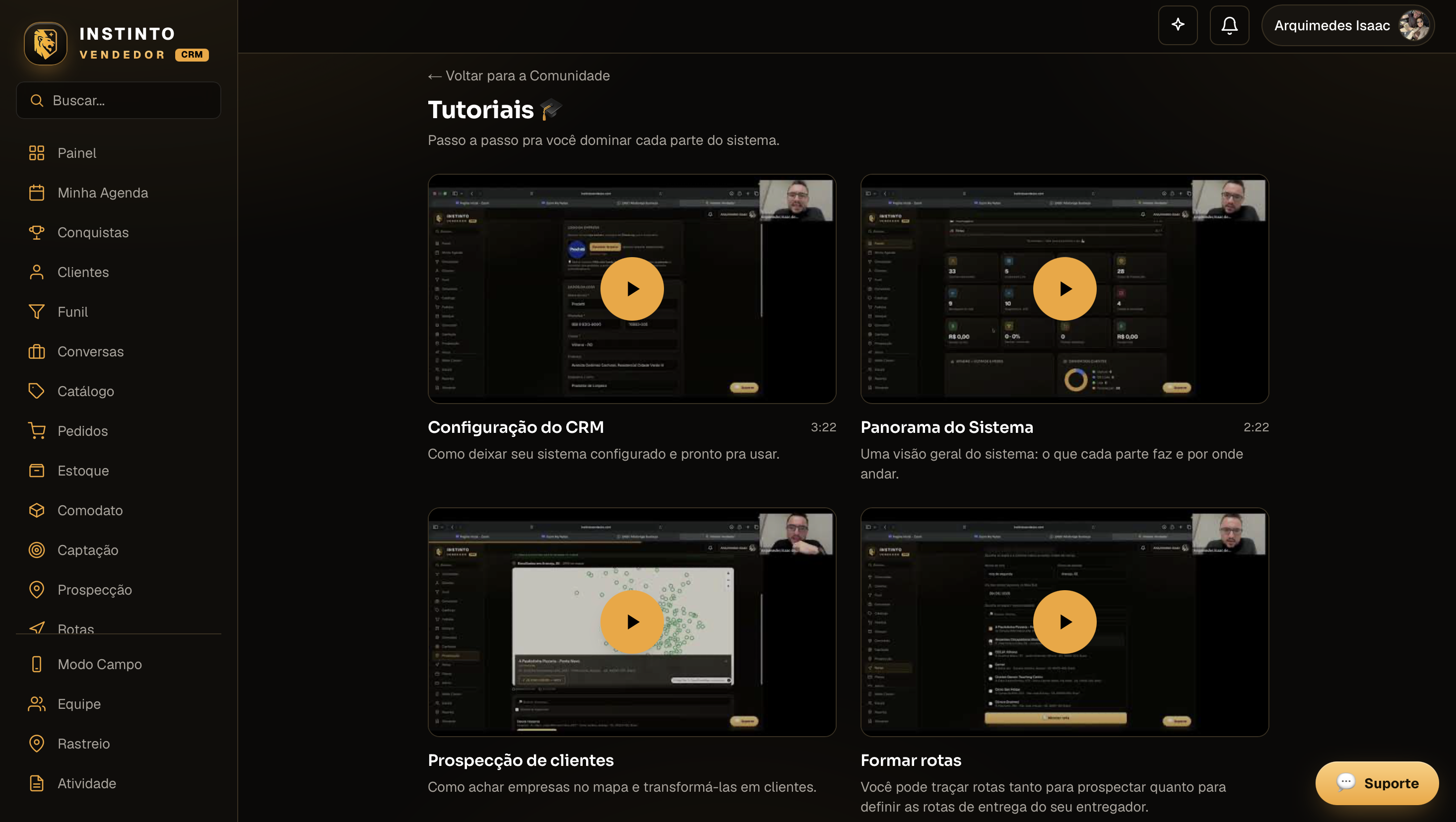 Tutoriais de como usar o sistema, dentro do Instinto Vendedor